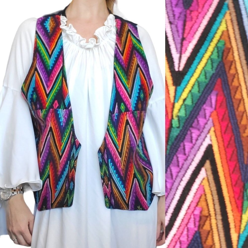 Vintage Rainbow Embroidered Zigzag Open Vest Cotton Linen Southwest Hippie M/L